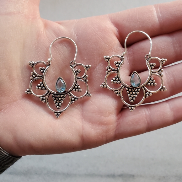 New Round Boho Gypsy Style Blue Quartz Silver Earrings. - Picture 10 of 10